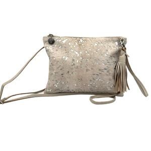VASH Genuine Cowhide Leather Western Cream Clutch Crossbody Bag w/ Silver Detail